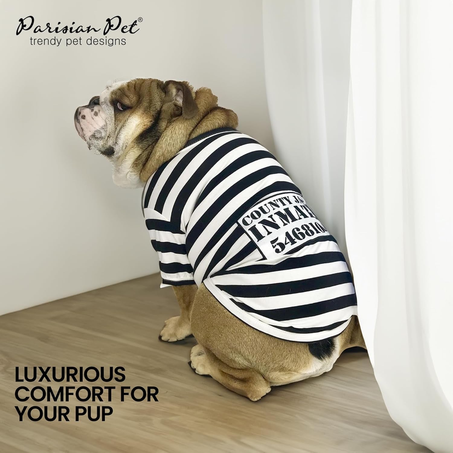 Adorable Prisoner Dog Halloween Costume - Stylish Black and White Striped Outfit for Medium Pets - Perfect Halloween Shirt for Dogs