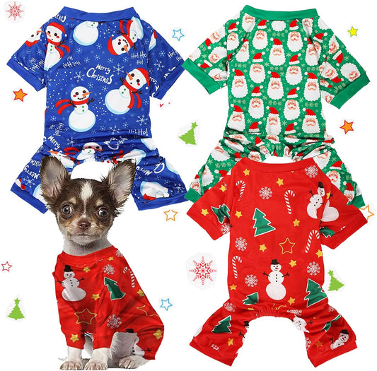 Adorable 3-Pack Christmas Dog Pajamas - Soft Xmas Onesies with Santa, Reindeer, and Snowman Designs for Small Dogs - Perfect Holiday Costume for Pet Parties!
