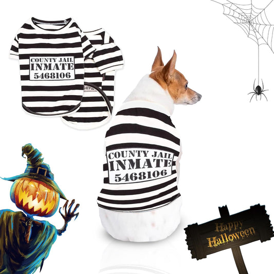 Adorable Prisoner Dog Halloween Costume - Stylish Black and White Striped Outfit for Medium Pets - Perfect Halloween Shirt for Dogs