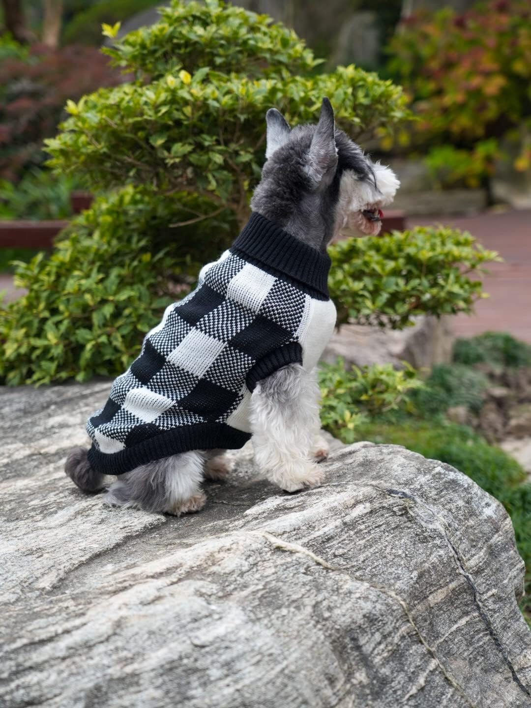 Stylish White Black Plaid Christmas Dog Sweater - Cozy Turtleneck Knitwear for Small Dogs & Cats - Perfect Winter Apparel for Cold Weather (Size S, 12")