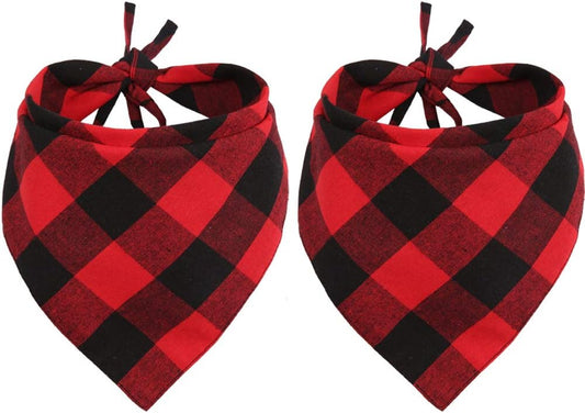 Festive Red & Black Plaid Dog Bandanas - 2 Pack Christmas Triangle Scarves for Pets